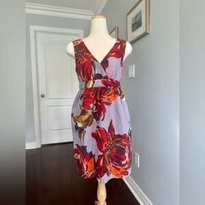 JOE FRESH Floral Wrap Empire Waist V Neck A Line Dress - Gray and Red